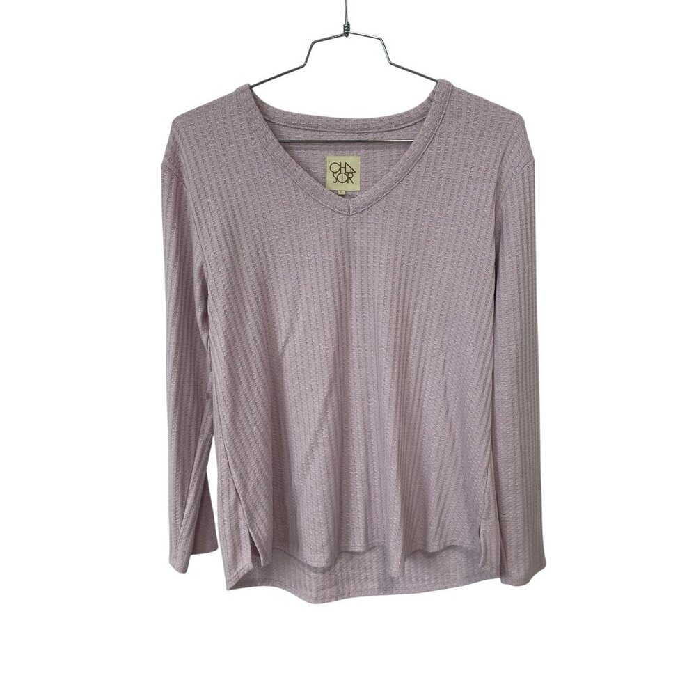 Chaser Waffle Knit Thermal Top Size Large V Neck Long Sleeve Pink Relaxed Staple - Picture 2 of 10